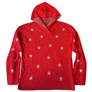 Marled Women Hoodie M Red Nylon Rayon Star Embroidered Glitter Sequin Long